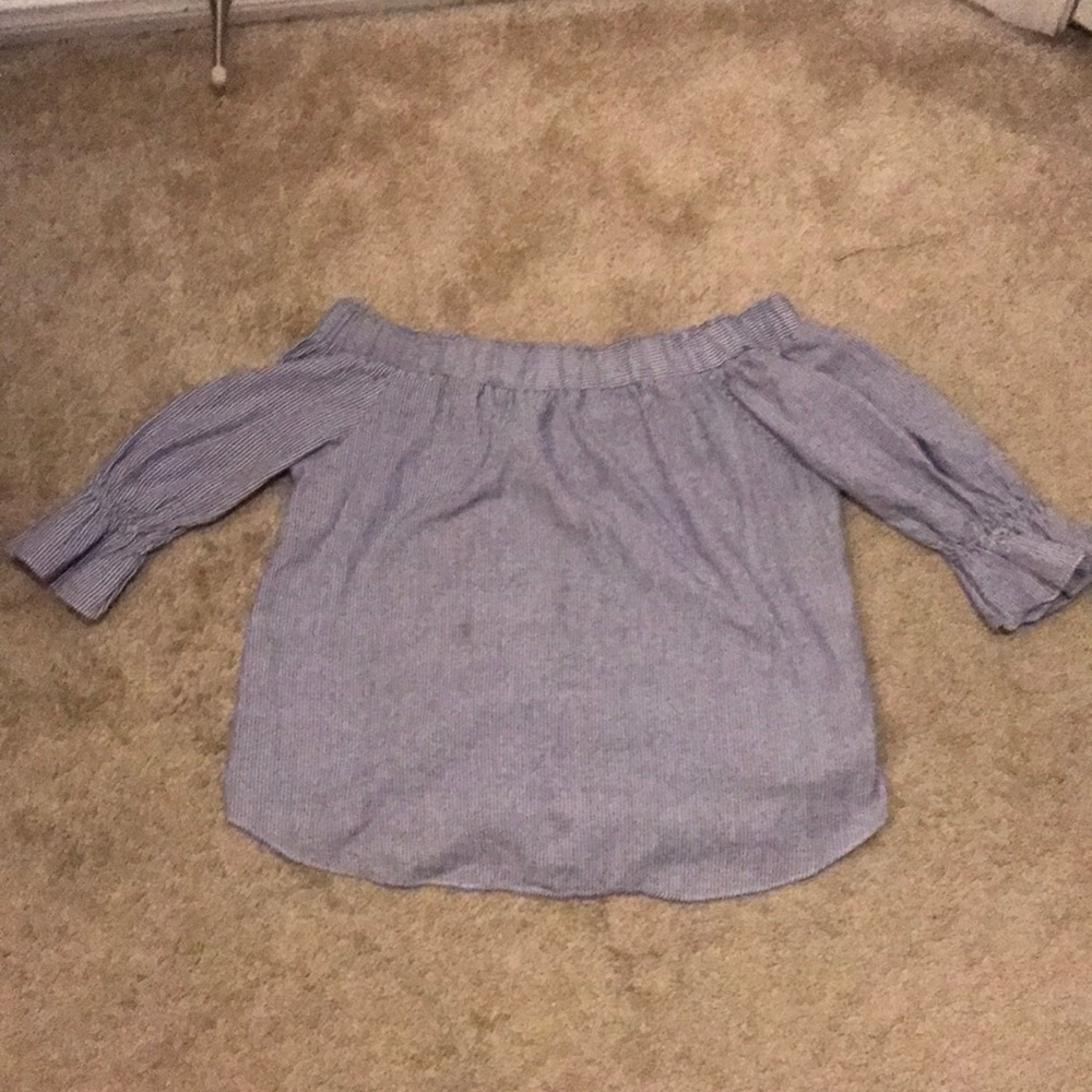 Blue and white off the shoulder shirt